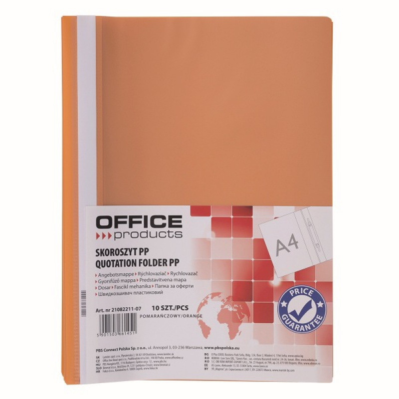 Skoroszyt OFFICE PRODUCTS, 120/180 mic, PP, pomarańczowy