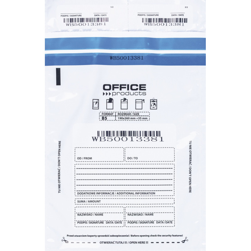 Koperta bezpieczna OFFICE PRODUCTS, B5, 190x260mm, 50szt., biała