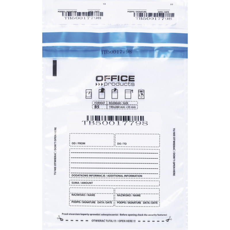 Koperta bezpieczna OFFICE PRODUCTS, B5, 190x260mm, 50szt., transparentna