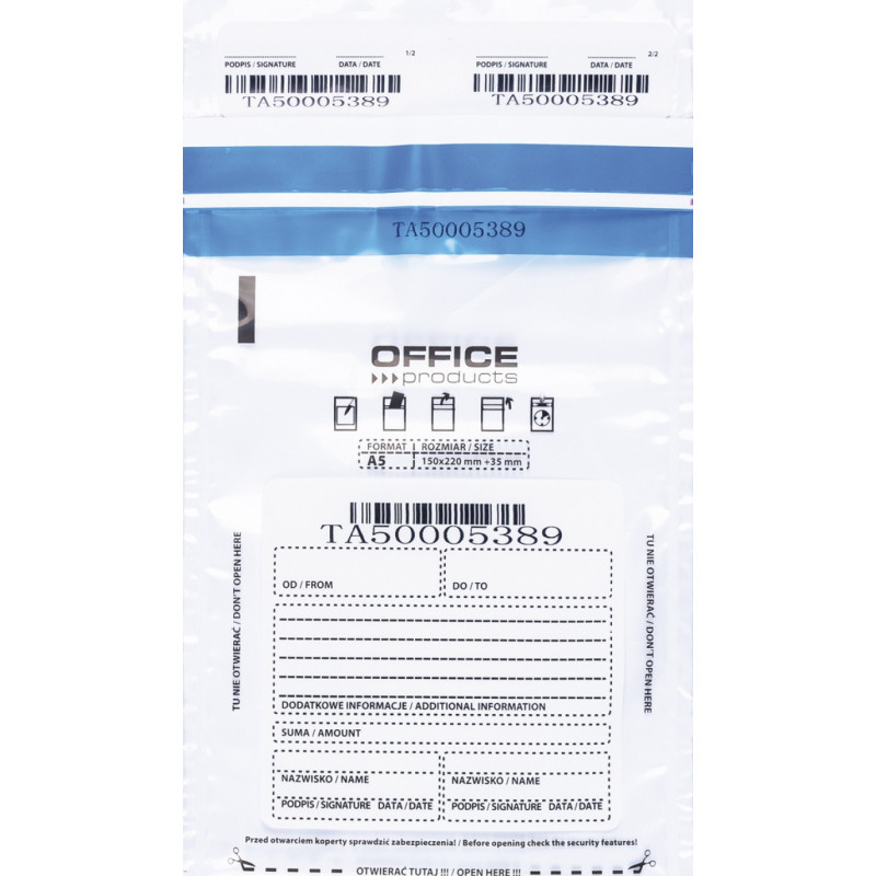Koperta bezpieczna OFFICE PRODUCTS, M5, 150x220mm, 50szt., transparentna