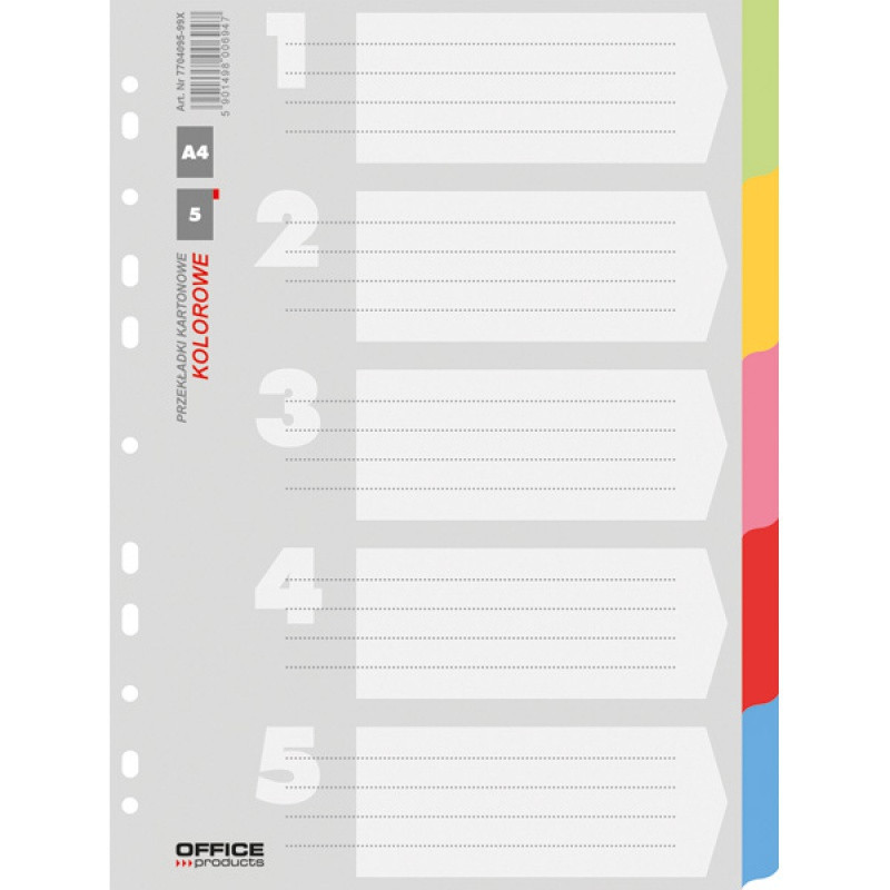 Przekładki OFFICE PRODUCTS, karton, A4, 223x297mm, 5 kart, mix kolorów