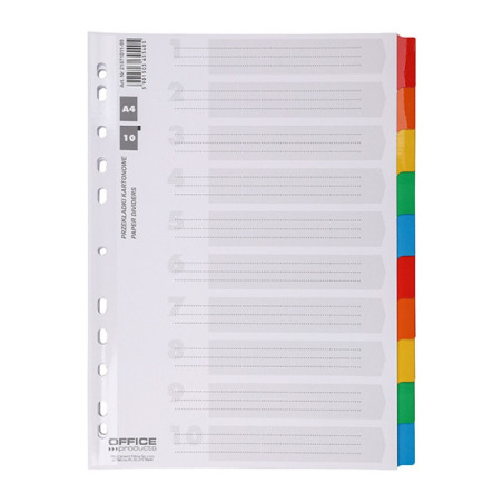 Przekładki OFFICE PRODUCTS, karton, A4, 227x297mm, 10 kart, lam. indeks, mix kolorów