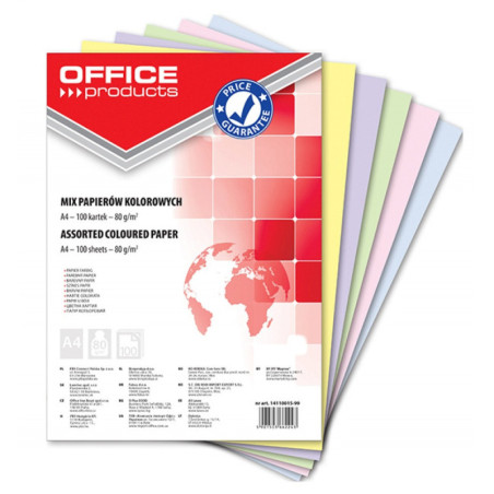 Papier kolorowy OFFICE PRODUCTS, A4, 100 arkuszy, 80gsm, mix kolorów