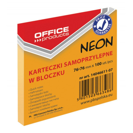 Bloczek samoprzylepny OFFICE PRODUCTS, 76x76mm, 1x100 kart., neon, pomarańczowy