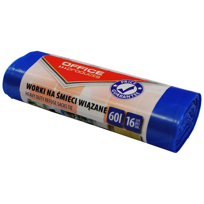 Worki na śmieci wiązane OFFICE PRODUCTS, premium (LDHD), 60L, 16szt., niebieskie