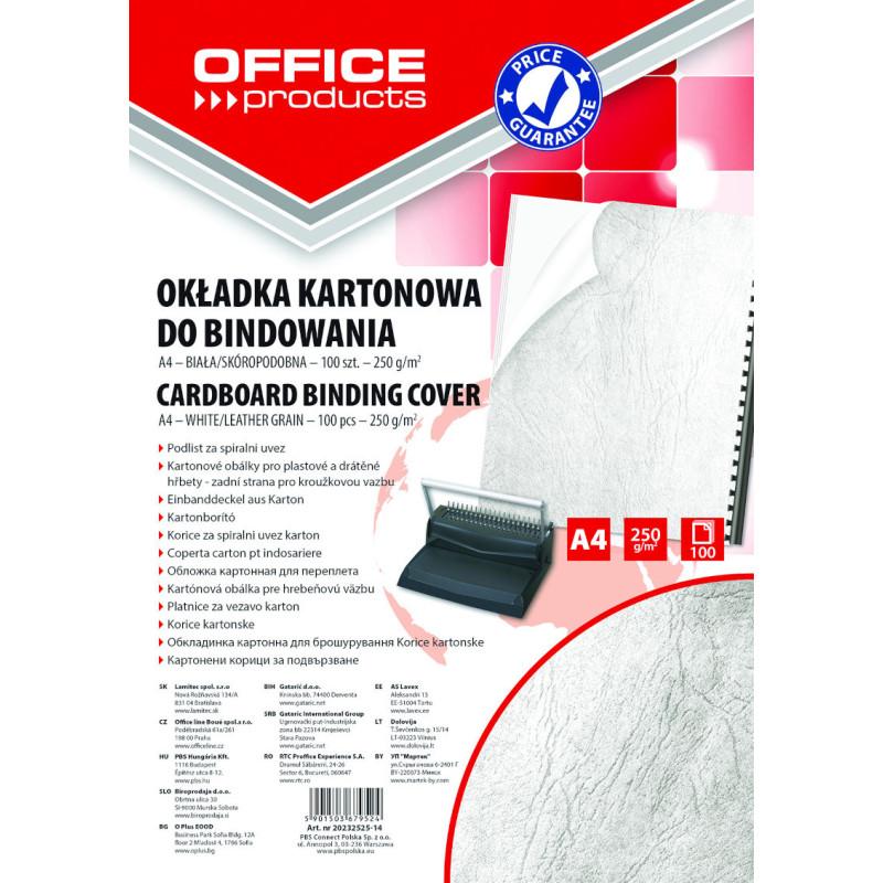 Okładki do bindowania OFFICE PRODUCTS, karton, A4, 250gsm, skóropodobne, 100szt., białe