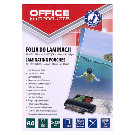 Folia do laminowania OFFICE PRODUCTS, A6, 2x125mikr., błyszcząca, 100szt., transparentna